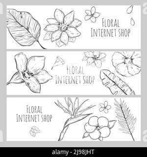 Esquisse florale Internet shop bannières horizontales avec des fleurs exotiques belles et laisse l'illustration vectorielle Illustration de Vecteur