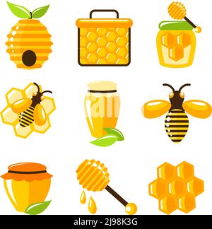 Ruche miel décoratifs et de cellules isolées de l'alimentation agriculture icons set vector illustration. Illustration de Vecteur