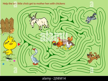 Casse-tête labyrinthe où vous avez besoin d'aider le poussin à contourner les obstacles et à arriver à la mère poule Illustration de Vecteur