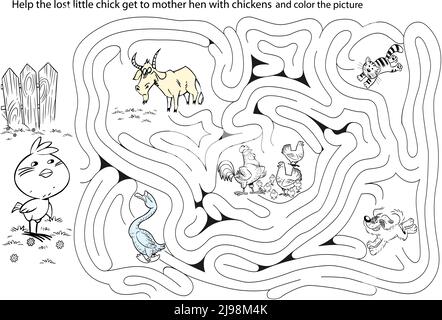 labyrinthe de coloration avec la mère de poule et de poussin perdu Illustration de Vecteur