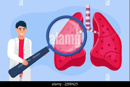 Phthisiologiste, pulmonologieist regarde à travers une loupe sur les poumons. Scène de la tuberculose, vecteur concept de pneumonie. Illustration de Vecteur