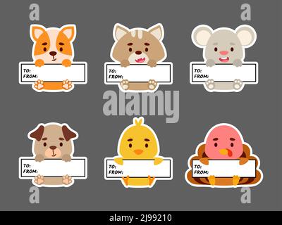 Jeu d'étiquettes adhésives de chien, chat, souris, poulet, dinde. Étiquettes pour animaux de dessin mignon pour bloc-notes, bloc-notes, marqueur de drapeau pour école de bureau, scrapbooking, ba Illustration de Vecteur