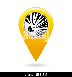 Pointeur de carte. Indexer les zones de risque d'explosion et de dynamitage sur la carte. Symbole de sécurité. Objet jaune sur fond blanc. Illustration vectorielle. Illustration de Vecteur