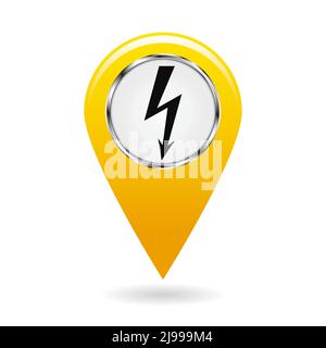Pointeur de la carte. Pointeur des centrales électriques et divers objets liés à l'électricité sur la carte de la zone. Symbole de sécurité. Objet jaune sur fond blanc. VEC Illustration de Vecteur