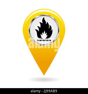 Pointeur de carte. Index des substances inflammables dans la carte de la zone. Symbole de sécurité. Objet jaune sur fond blanc. Illustration vectorielle. Illustration de Vecteur