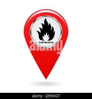 Pointeur de carte. Index des substances inflammables dans la carte de la zone. Symbole de sécurité. Objet rouge sur fond blanc. Illustration vectorielle. Illustration de Vecteur