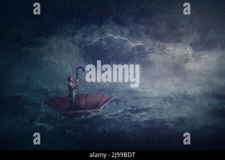 Peinture à la voile avec une personne seule dans l'océan flottant sur un bateau-parapluie. Scène surréaliste avec une tempête sur la mer. Aventure fantastique, conquérant Banque D'Images