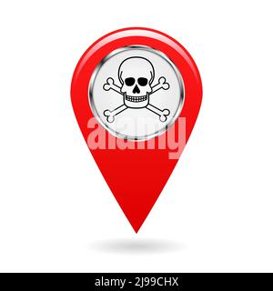 Pointeur de carte. Index des substances toxiques sur la carte de la zone. Symbole de sécurité. Objet rouge sur fond blanc. Illustration vectorielle. Illustration de Vecteur