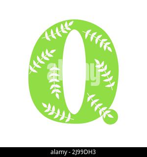 Capitale vert vif décoré avec des fleurs de printemps main lettre Q de l'alphabet anglais dessin animé simple style dessin vectoriel illustration, abc calligraphique, mignon drôle écriture, doodle et lettrage Illustration de Vecteur