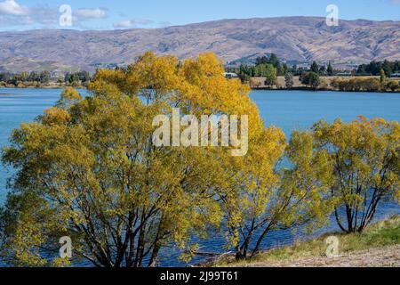 Pittoresque lac Dunstan et ses environs aux couleurs de l'automne à Cromwell South Island Nouvelle-Zélande. Banque D'Images