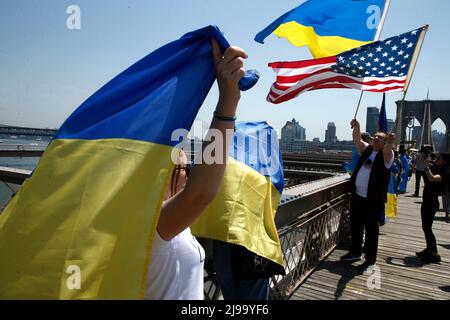 New York, États-Unis. 21st mai 2022. Les manifestants forment une « chaîne vivante » humaine sur le pont de Brooklyn pour montrer leur soutien inébranlable à l’Ukraine le 21 mai 2022 à New York, aux États-Unis. ( Photo de John Lamparski/Sipa USA) crédit: SIPA USA/Alay Live News Banque D'Images