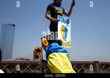 New York, États-Unis. 21st mai 2022. Les manifestants forment une « chaîne vivante » humaine sur le pont de Brooklyn pour montrer leur soutien inébranlable à l’Ukraine le 21 mai 2022 à New York, aux États-Unis. ( Photo de John Lamparski/Sipa USA) crédit: SIPA USA/Alay Live News Banque D'Images