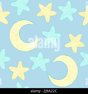 Motif aquarelle sans couture dessiné à la main, imprimé bleu pour la douche de bébé. Pastels pépinière étoiles ballons arc-en-ciel nuages. Mignon kawaii anniversaire invitation illustration design voiture de transport Banque D'Images