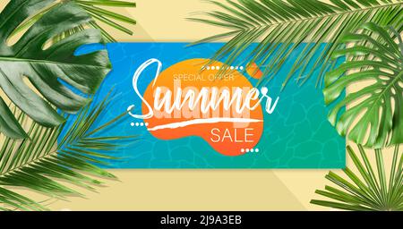 Bannière pour la vente d'été avec des feuilles tropicales Banque D'Images
