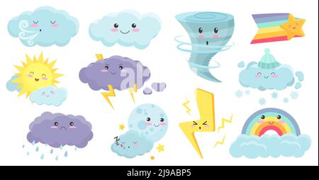 Illustration vectorielle de jeu de personnages météo mignons. Dessin animé coloré arc-en-ciel, la pluie et les nuages de neige avec la foudre, le soleil et la lune avec kawaii visages isolés blancs. Météorologie de bébé, concept de la nature Illustration de Vecteur