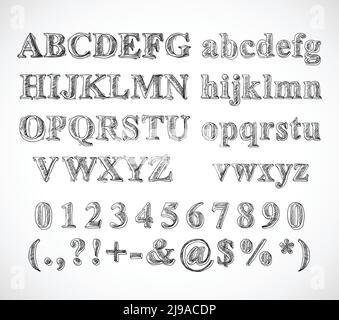 Croquis alphabet dessiné à la main lettres en noir et blanc et symboles illustration vectorielle isolée Illustration de Vecteur