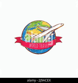 Modèle de voyage dessiné à la main avec ruban rouge terre coloré et illustration vectorielle isolée d'un avion volant Illustration de Vecteur