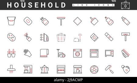 Équipement ménager les icônes de lignes fines rouges et noires définissent l'illustration vectorielle. Résumé appareils et machines domestiques manuels et électriques simples pour le ménage, pictogrammes et panneaux de service de nettoyage Illustration de Vecteur