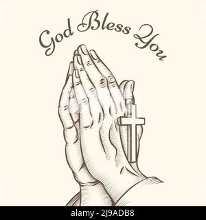 Main de prière avec croix. Religieux et dieu, prier et Saint, spiritualité et crucifix, illustration vectorielle Illustration de Vecteur