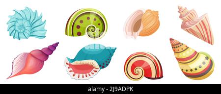 Coquillages de plage tropicale ou sous-marin ensemble scénario illustration. Dessins animés coquillages aquatiques colorés avec conques en spirale, collection de mollusques isolés blancs. Crustacés, nature, concept d'été Illustration de Vecteur