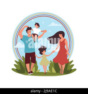 Famille heureuse avec enfants profiter de la vie. Jeune couple avec son fils et sa fille marchant dans le parc, icône de dessin animé plate. Illustration vectorielle isolée sur la merde Illustration de Vecteur