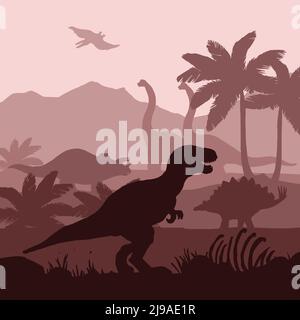 Silhouettes de dinosaures dans un environnement préhistorique chevauchant des couches dans des tons bruns illustration vectorielle abstraite de bannière d'arrière-plan décorative Illustration de Vecteur