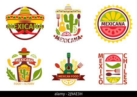 Ensemble de logos, étiquettes, emblèmes et badges mexicains. Bouteille Sombrero et tequila, élément guitare, illustration vectorielle. Badges et vecteurs alimentaires mexicains Illustration de Vecteur