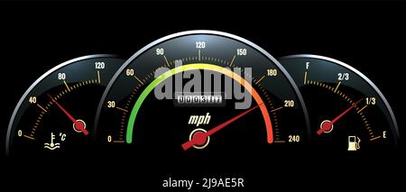 Panneau de compteur de vitesse vectoriel. Affichage de la température, de la vitesse et du carburant sur panneau noir avec graduations de couleur vive. Illustration vectorielle Illustration de Vecteur
