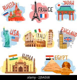 Vacances tourisme tourisme agences de voyages plat pictogrammes collection avec populaire pays capitales symboles abstrait illustration vectorielle isolée Illustration de Vecteur