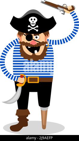 Vecteur stéréotypé pirate sur fond blanc avec un bois accrocher la jambe un œil et un crâne et crossbone sur son chapeau brandissant un cutlass et un pistolet Illustration de Vecteur