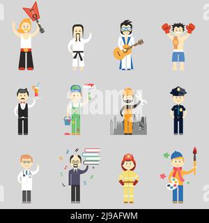 Ensemble de personnages vectoriels dans différentes professions, y compris les arts martiaux musiciens serveur peintre ouvrier de construction policier docteur professo Illustration de Vecteur