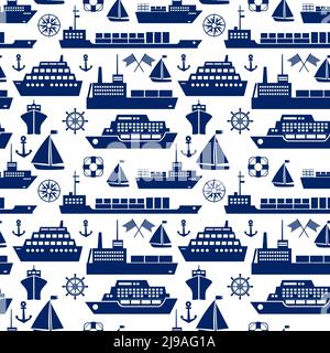 Navires et bateaux marine motif d'arrière-plan sans couture avec vecteur de silhouette icônes d'un bateau croisière yacht voilier bateau conteneur bateau-citerne cargo Illustration de Vecteur
