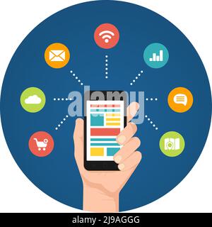 Infographies des applications pour smartphone avec une main tenant un téléphone avec icônes circulaires liées pour l'analyse wi-fi des e-mails dans le cloud computing voix et itinéraire Illustration de Vecteur