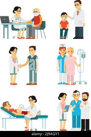 Personnel médical et malades à l'hôpital. Consultation, diagnostic médical et traitement. Illustration vectorielle de style plat isolée sur fond blanc Illustration de Vecteur