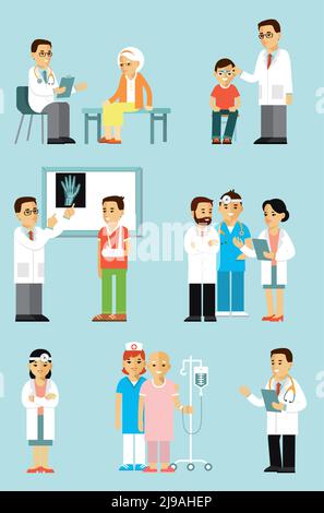 Personnel médical et malades à l'hôpital. Consultation, diagnostic médical et traitement. Illustration vectorielle de style plat isolée sur fond bleu Illustration de Vecteur