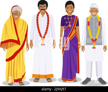 Générations homme. Les Indiens ont un père, une mère, une grand-mère, un grand-père debout ensemble dans des vêtements traditionnels. Concept social. Concept de famille. Illustration de Vecteur