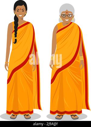 Illustration détaillée de l'article ancien et jeune femme indienne dans les vêtements indiens national traditionnel isolé sur fond blanc dans le style. Je Illustration de Vecteur