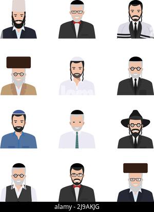 Illustration détaillée de différentes icônes d'avatars juifs, vieux et jeunes, placées dans les vêtements traditionnels israéliens isolés sur le backgrou blanc Illustration de Vecteur