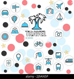 Collection d'icônes de la ligne de vacances d'été avec panneau de signalisation de véhicules palmiers sac soleil montagne clé document caméra navigation pin vecteur isolé illustrati Illustration de Vecteur