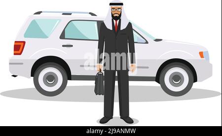 Illustration détaillée de l'automobile et de l'homme d'affaires arabe saoudien sur fond blanc dans un style plat. Illustration de Vecteur