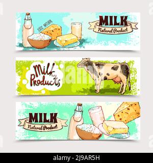 Banderole horizontale pour produits laitiers avec dessin de lait et de vache illustration vectorielle isolée Illustration de Vecteur