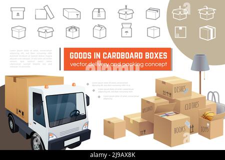 Composition du service de livraison et d'emballage avec boîtes en carton pour lampe de camion de divers produits et paquets linéaires icônes illustration vectorielle Illustration de Vecteur