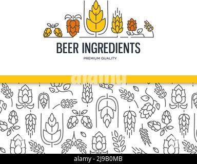 Collection design élégante avec deux champs avec motif malt sans couture et avec le texte ingrédients de bière avec une branche de houblon, de fleur, de malt vecteur illustr Illustration de Vecteur