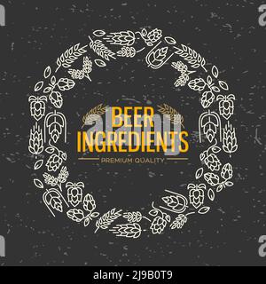 Cadre figuré au design élégant avec des icônes blanches de fleurs, une branche de houblon, de fleur, de malt autour du texte des ingrédients de la bière au centre sur le dos noir Illustration de Vecteur