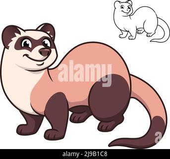 Mignon Happy Ferret avec dessin d'art noir et blanc, mammifères, illustration de personnage vectoriel, logo de mascotte de dessin animé en blanc isolé Illustration de Vecteur