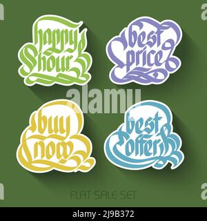 Collection d'inscriptions publicitaires typographiques avec autocollants papier colorés manuscrits calligraphiques dans une illustration vectorielle isolée de style plat Illustration de Vecteur