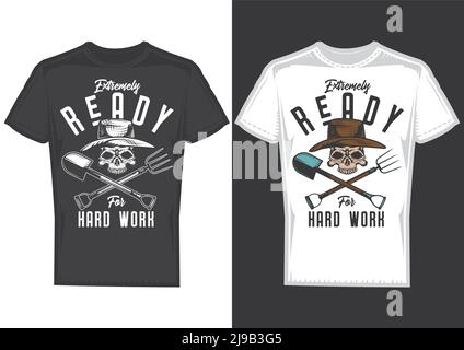 Exemples de modèles de T-shirt avec illustration d'un agriculteur avec une pelle. Illustration de Vecteur