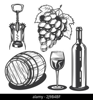 Ensemble d'éléments de vin pour créer vos propres badges, logos, étiquettes, affiches, etc. Isolé sur blanc. Illustration de Vecteur