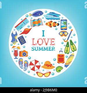 J'adore les vacances d'été icônes de voyage cercle de fond poster de composition avec accessoires de natation de plage résumé illustration de vecteur Illustration de Vecteur