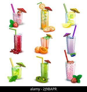 Meilleurs verres longs d'été cocktails de fruits frais et milk-shakes les icônes plates définissent l'illustration vectorielle isolée abstraite Illustration de Vecteur